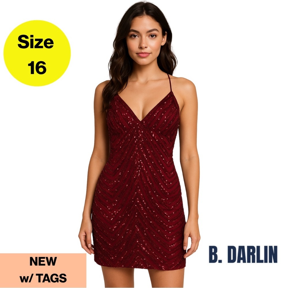 2/for $20 🪩 B.DARLIN Red Wine Sequins V-Neck Mini Dress ❤️ (Size 16) NEW w TAGS